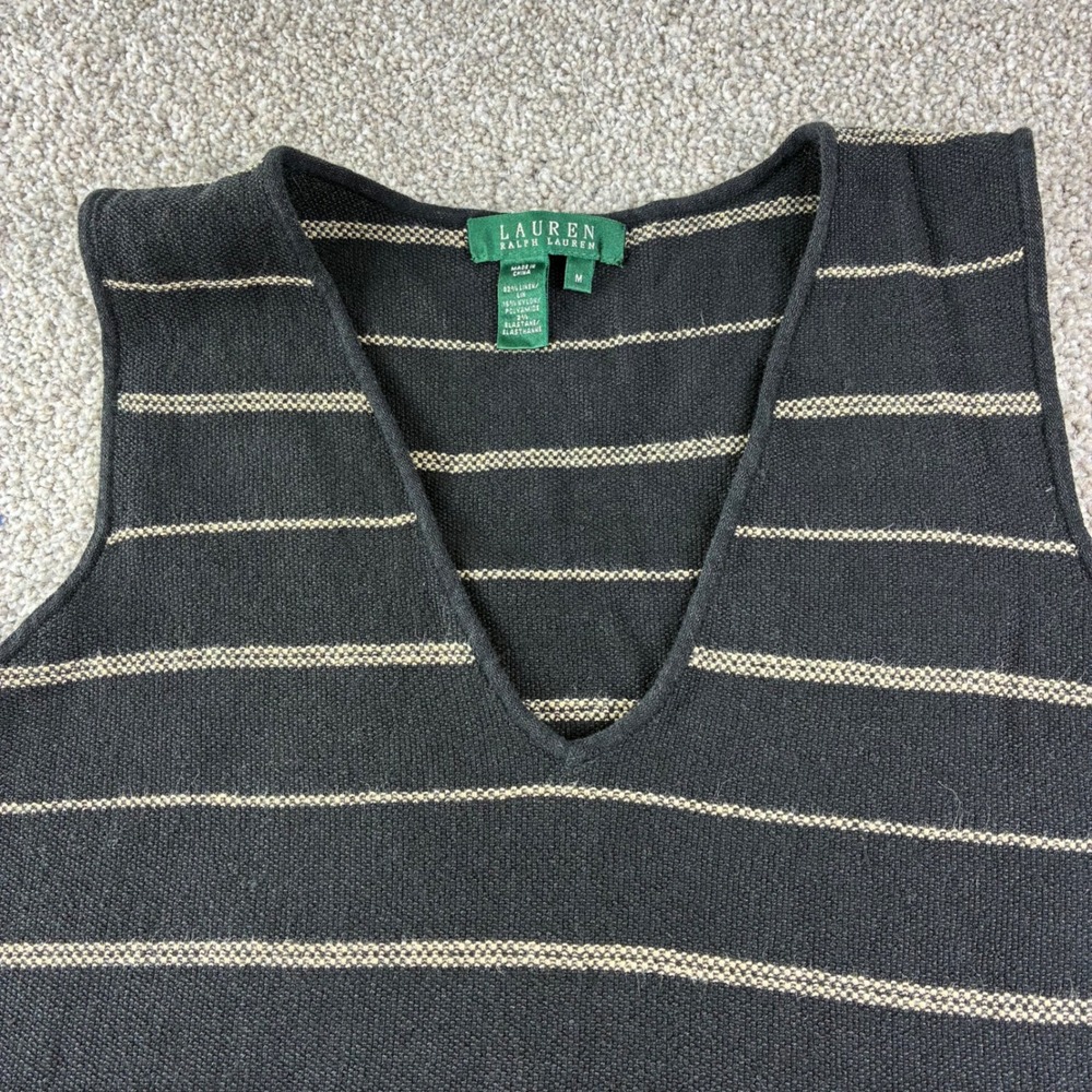 Lauren Ralph Lauren Womens Black Beige Striped Linen Blend V-Neck Shift Dress M
